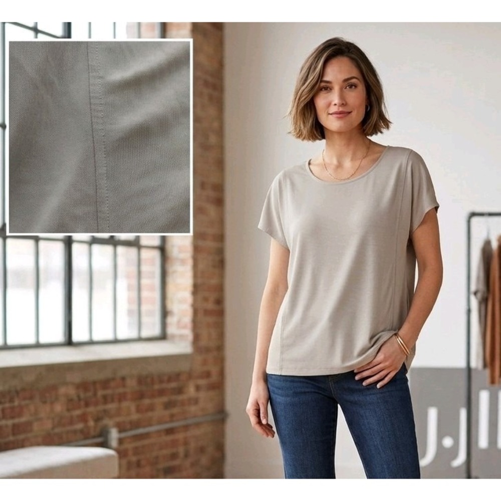 J Jill Pure Jill Sandwashed Top Size Large L Beige Taupe Short Sleeve Scoop Neck